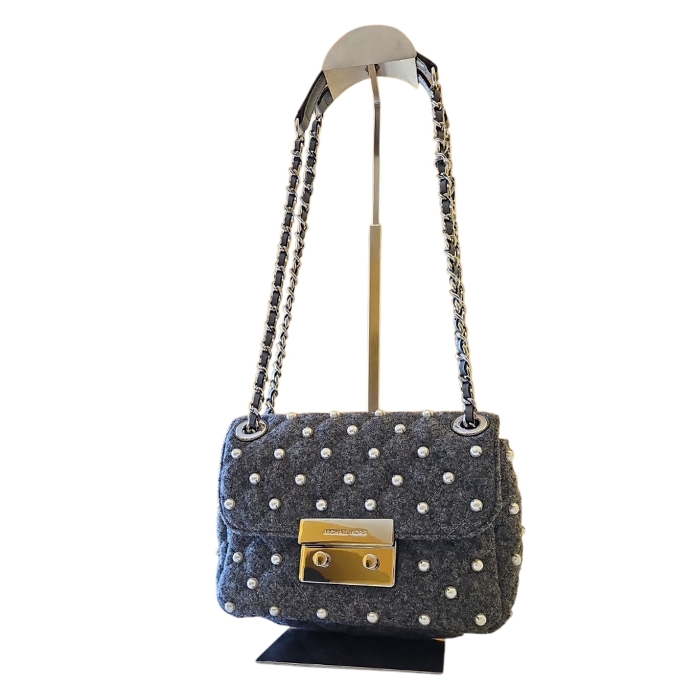 Michael Kors Sloan Small Quilted Wool Felt Pearl Embellished Chain Shoulder Bag